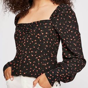 Free People Julia Sweetheart Cherry Print Long Sleeve Top in Black Size Medium